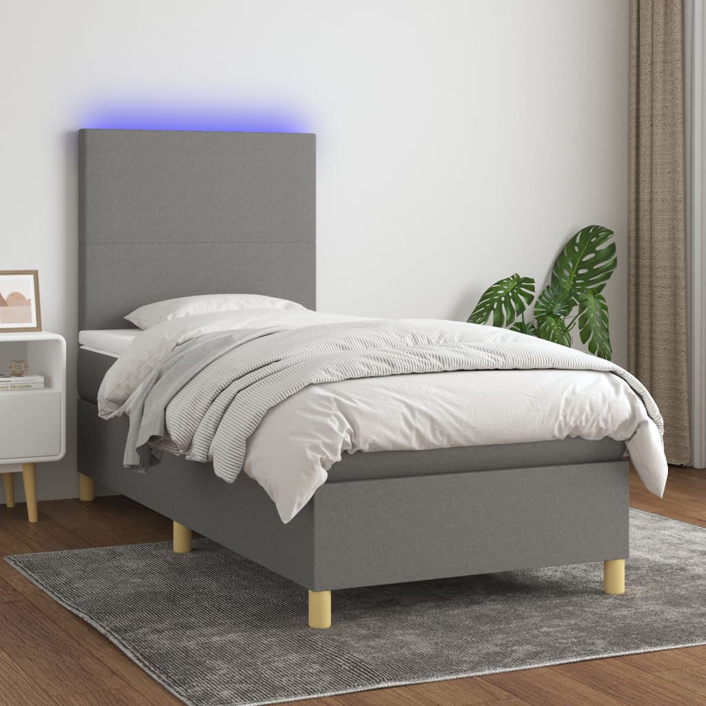 sötétszürke szövet rugós és LED-es ágy matraccal 80 x 200 cm