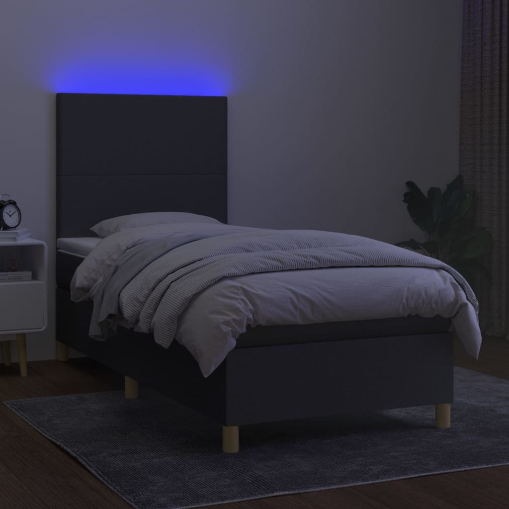 sötétszürke szövet rugós és LED-es ágy matraccal 90x190 cm
