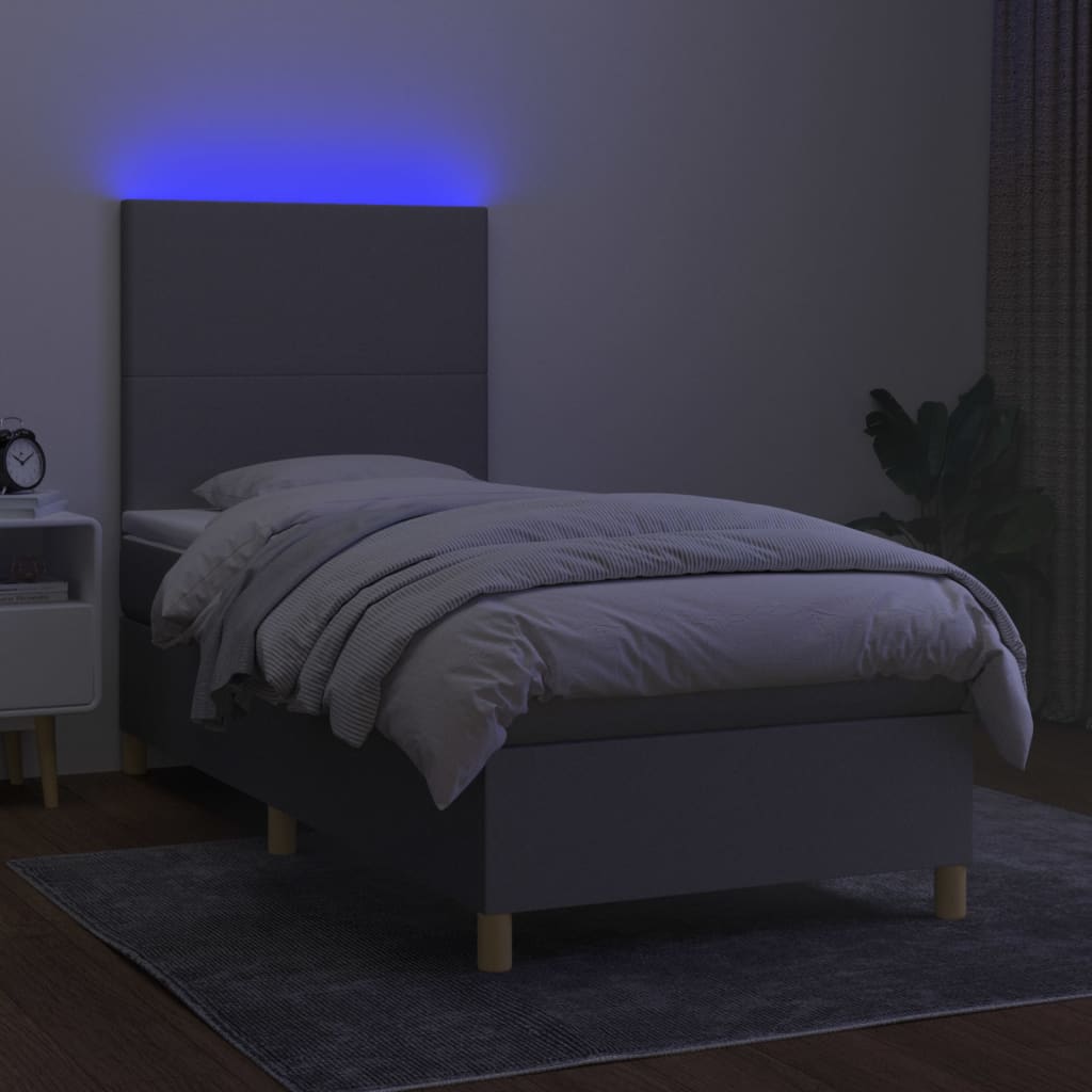 világosszürke szövet rugós és LED-es ágy matraccal 90x200 cm