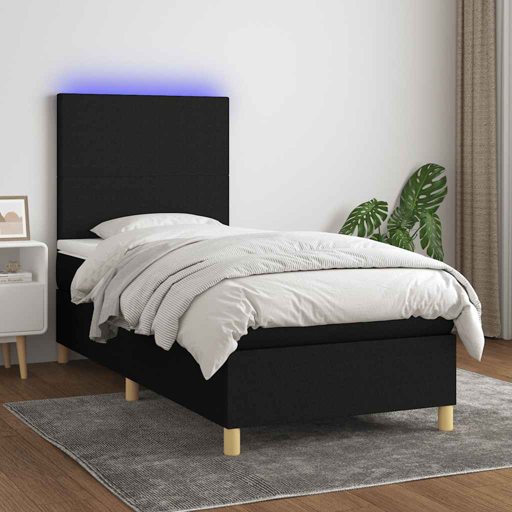 fekete szövet rugós és LED-es ágy matraccal 90x200 cm