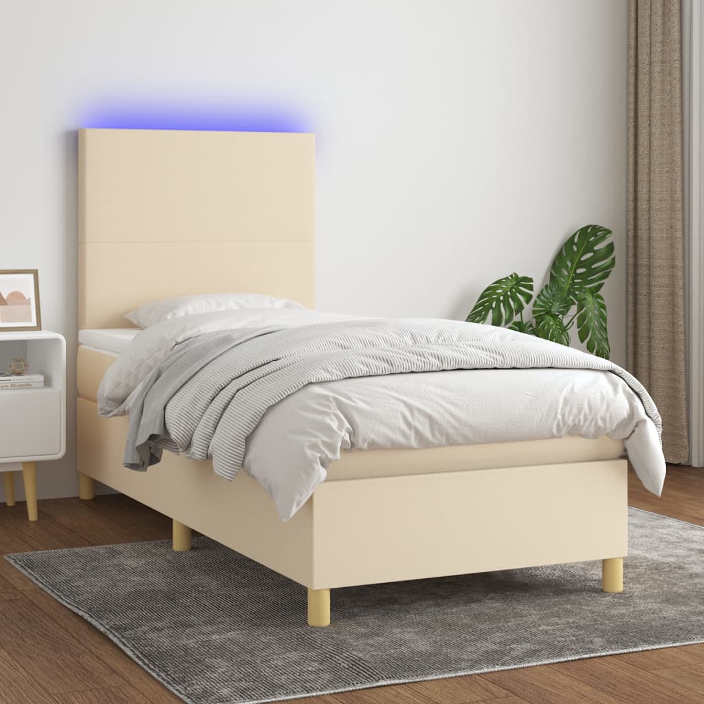 krémszínű szövet rugós és LED-es ágy matraccal 90x200 cm