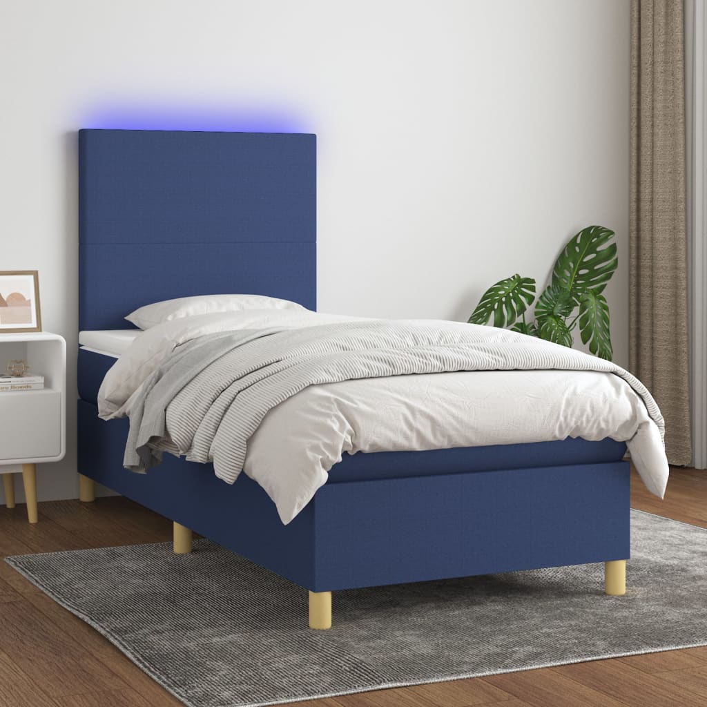 kék szövet rugós és LED-es ágy matraccal 90x200 cm