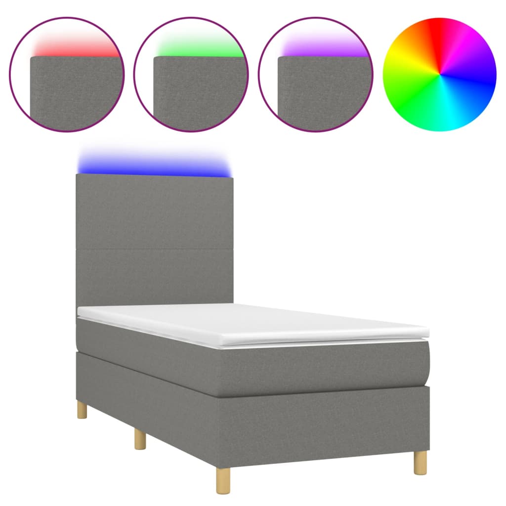 sötétszürke szövet rugós és LED-es ágy matraccal 100x200 cm