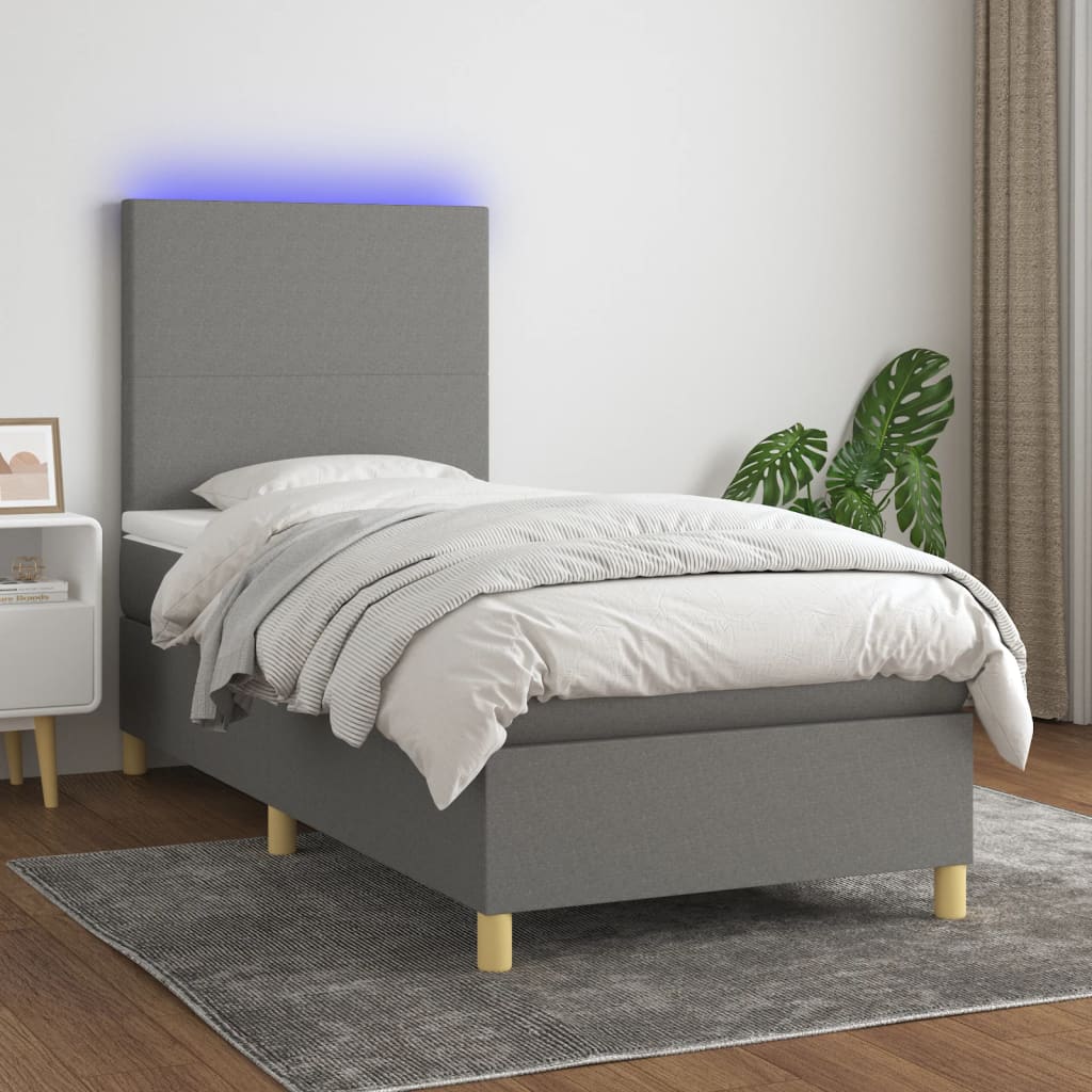 sötétszürke szövet rugós és LED-es ágy matraccal 100x200 cm
