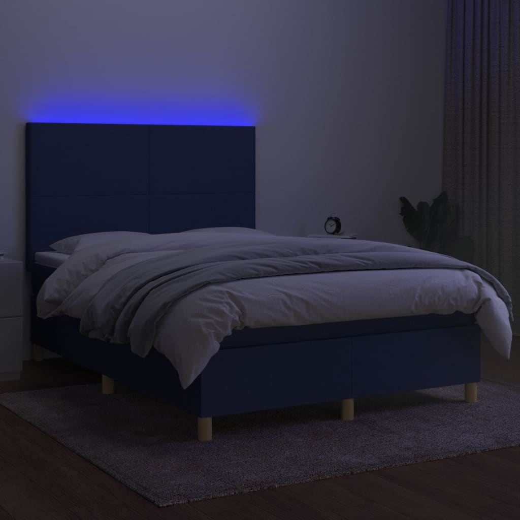 kék szövet rugós és LED-es ágy matraccal 140x200 cm