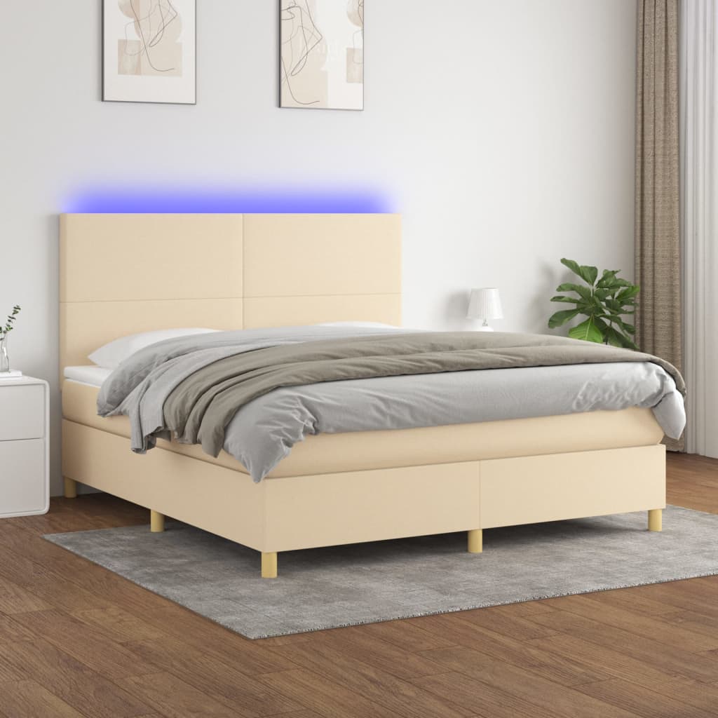 krémszínű szövet rugós és LED-es ágy matraccal 160x200 cm
