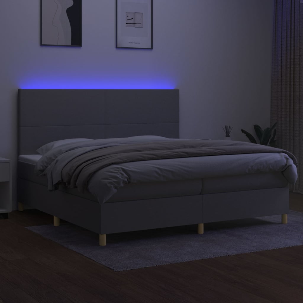 világosszürke szövet rugós és LED-es ágy matraccal 200x200 cm