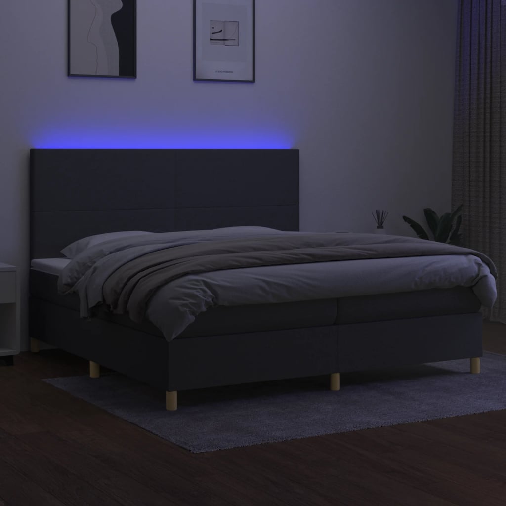sötétszürke szövet rugós és LED-es ágy matraccal 200x200 cm
