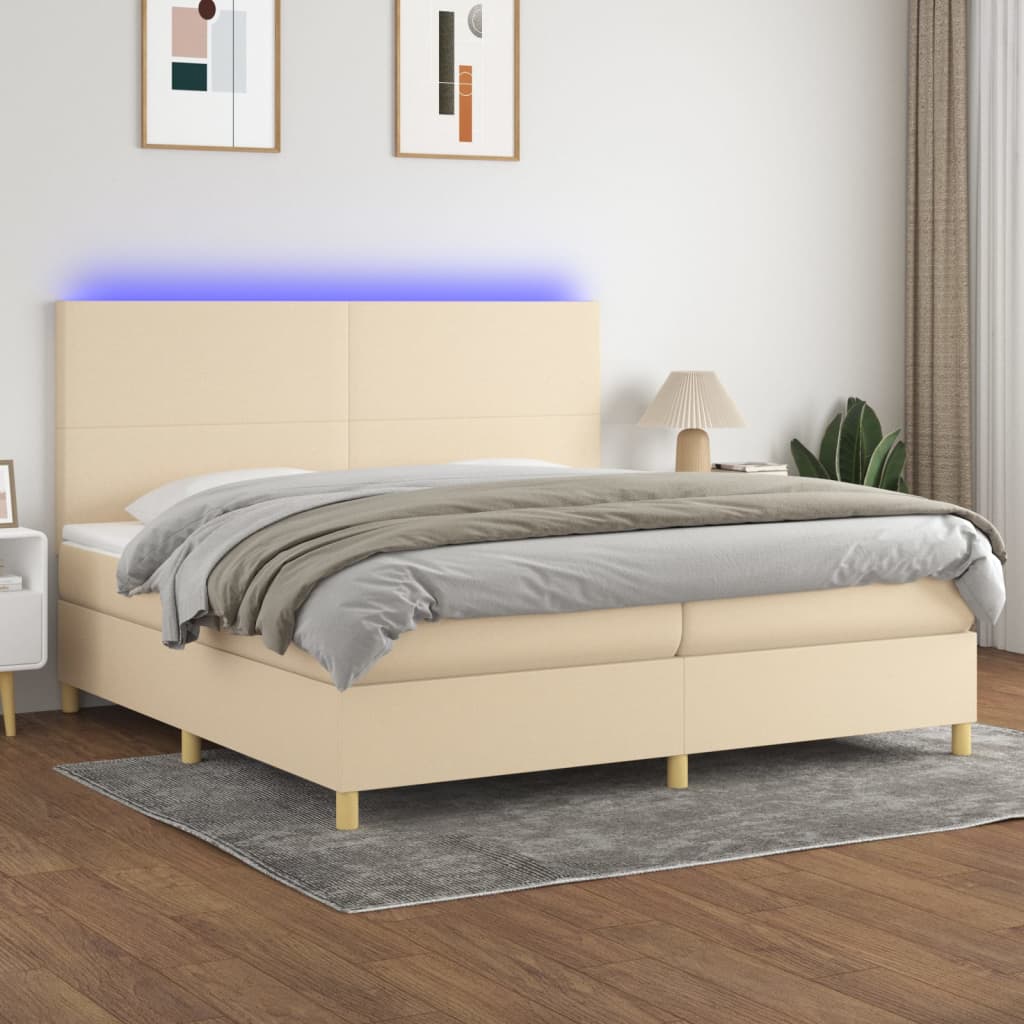 krémszínű szövet rugós és LED-es ágy matraccal 200 x 200 cm