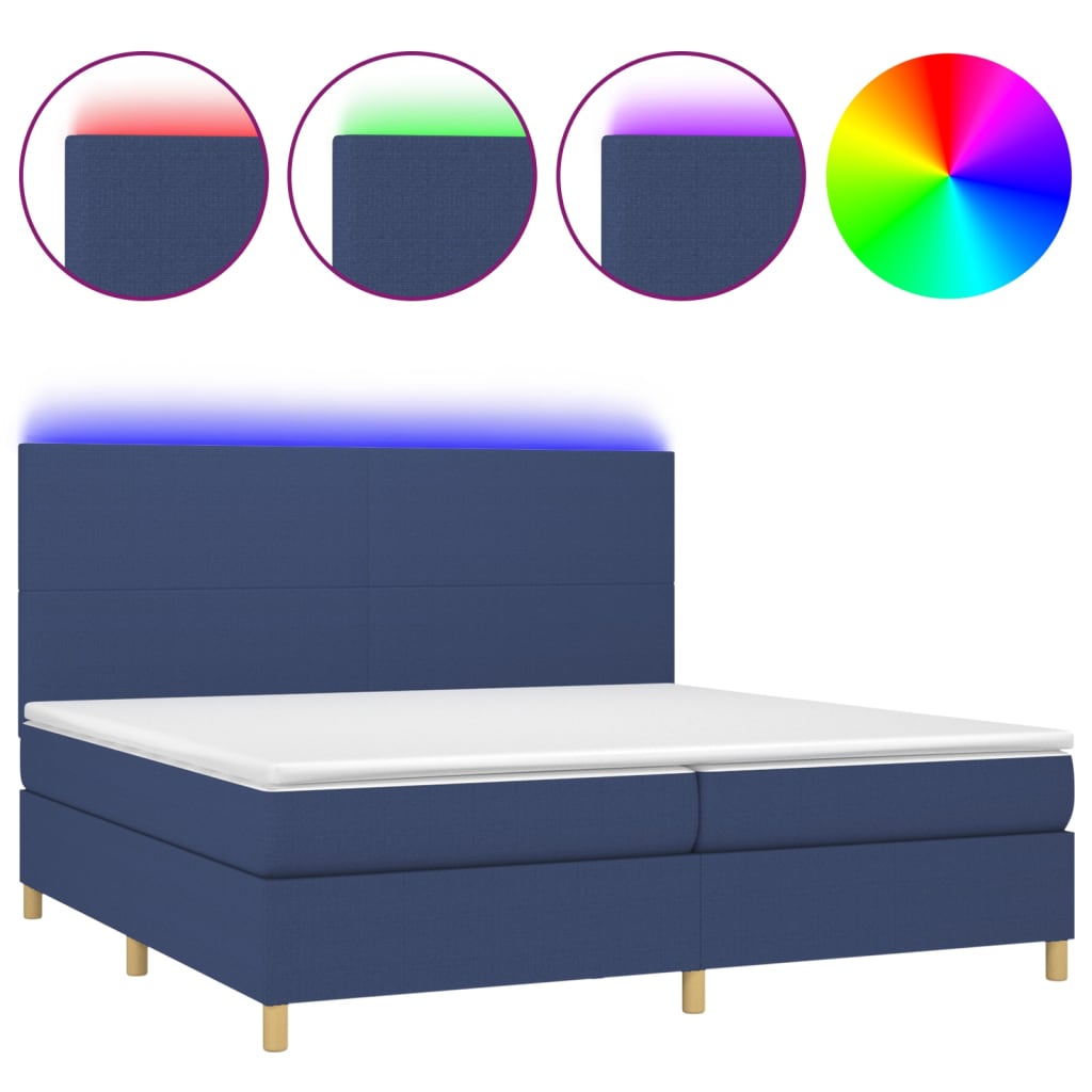 kék szövet rugós és LED-es ágy matraccal 200 x 200 cm