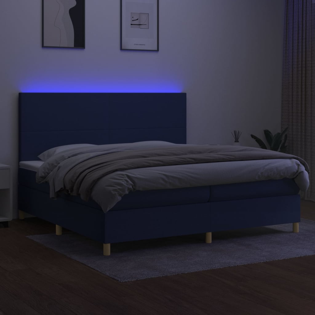 kék szövet rugós és LED-es ágy matraccal 200 x 200 cm