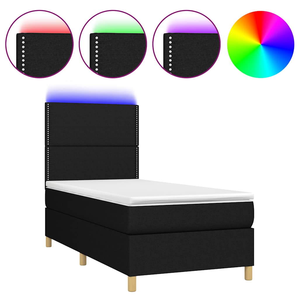 fekete szövet rugós és LED-es ágy matraccal 90x190 cm