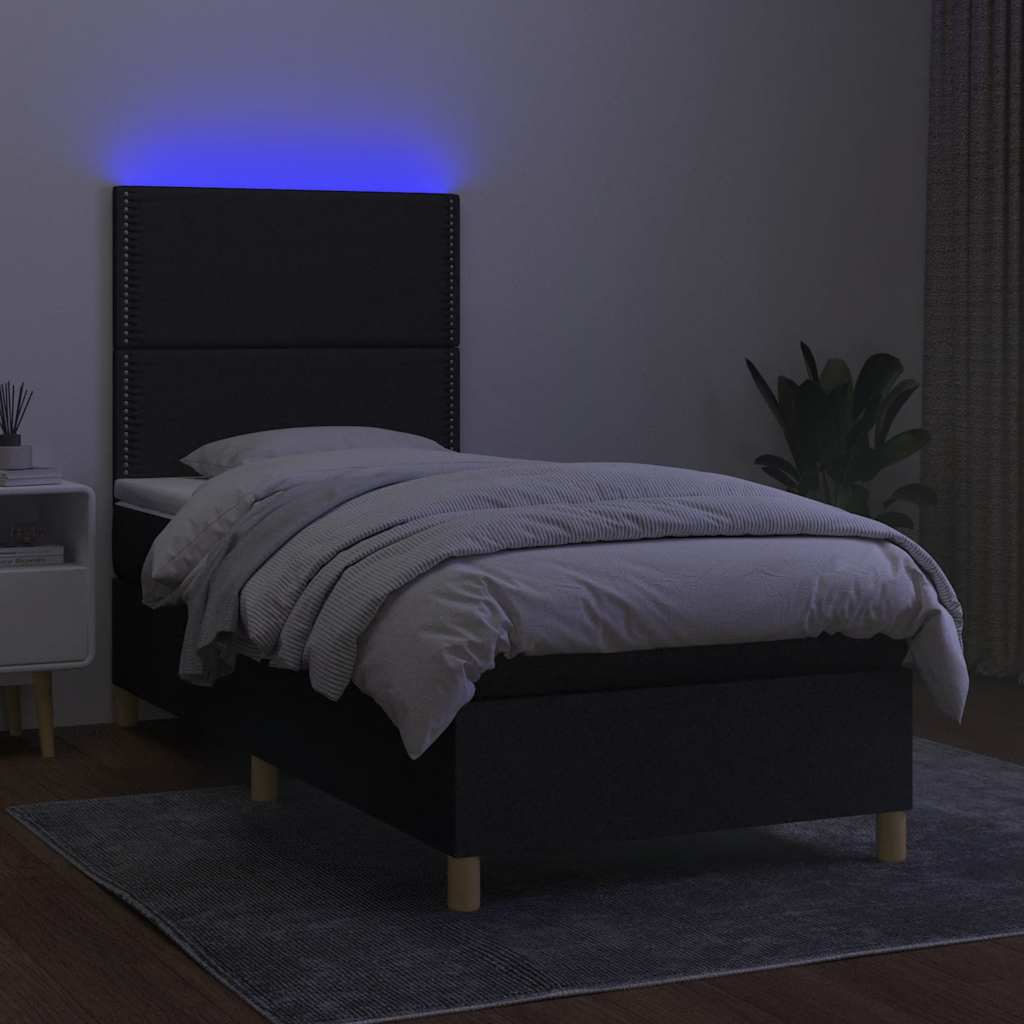 fekete szövet rugós és LED-es ágy matraccal 90x190 cm