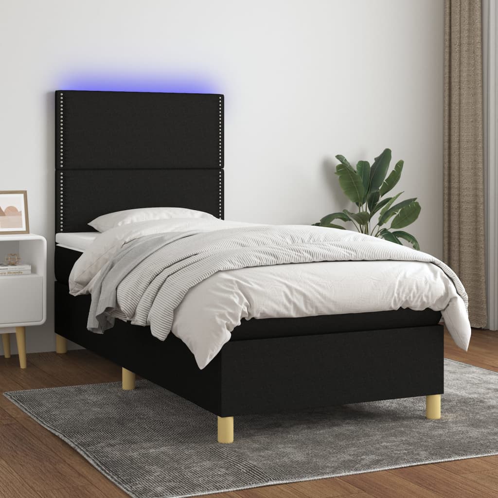 fekete szövet rugós és LED-es ágy matraccal 90x190 cm