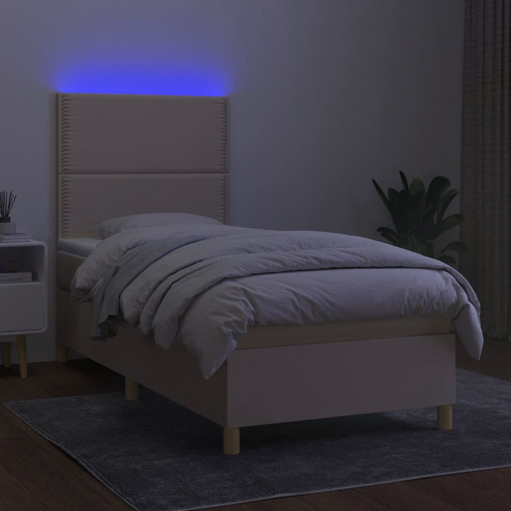 krémszínű szövet rugós és LED-es ágy matraccal 90x190 cm