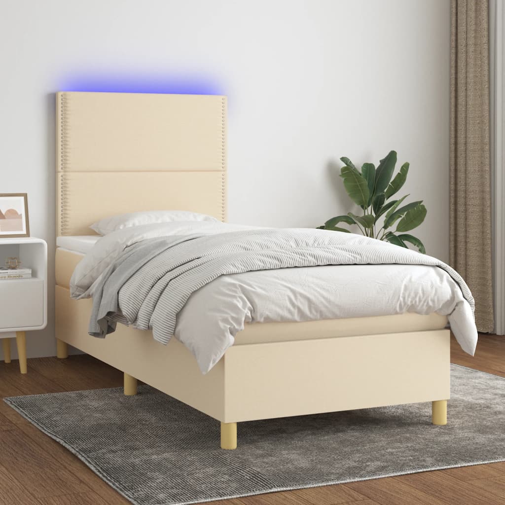 krémszínű szövet rugós és LED-es ágy matraccal 90x190 cm