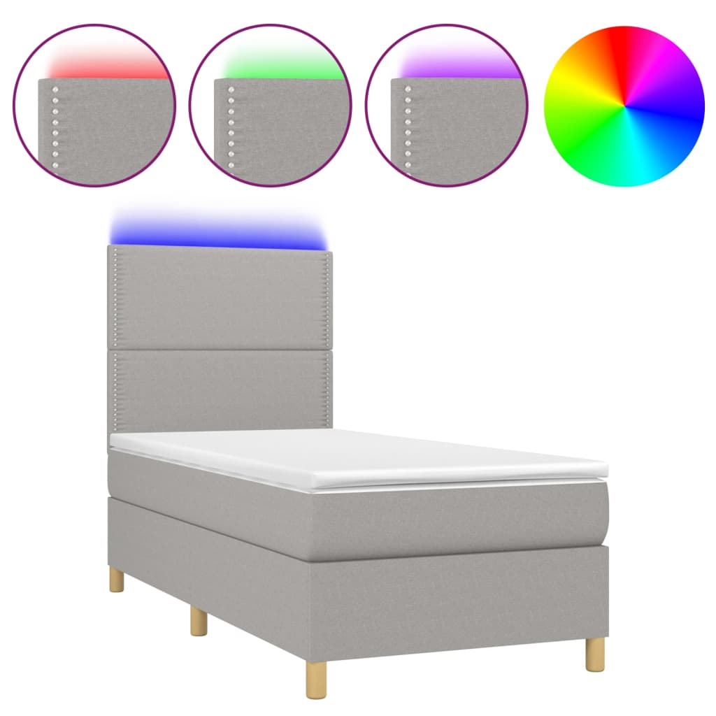 világosszürke szövet rugós és LED-es ágy matraccal 90x200 cm