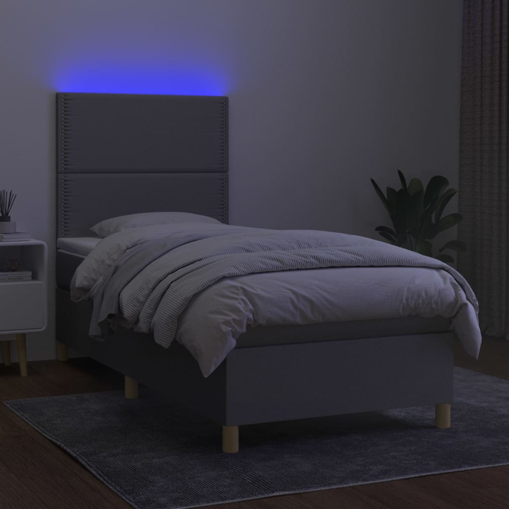 világosszürke szövet rugós és LED-es ágy matraccal 90x200 cm