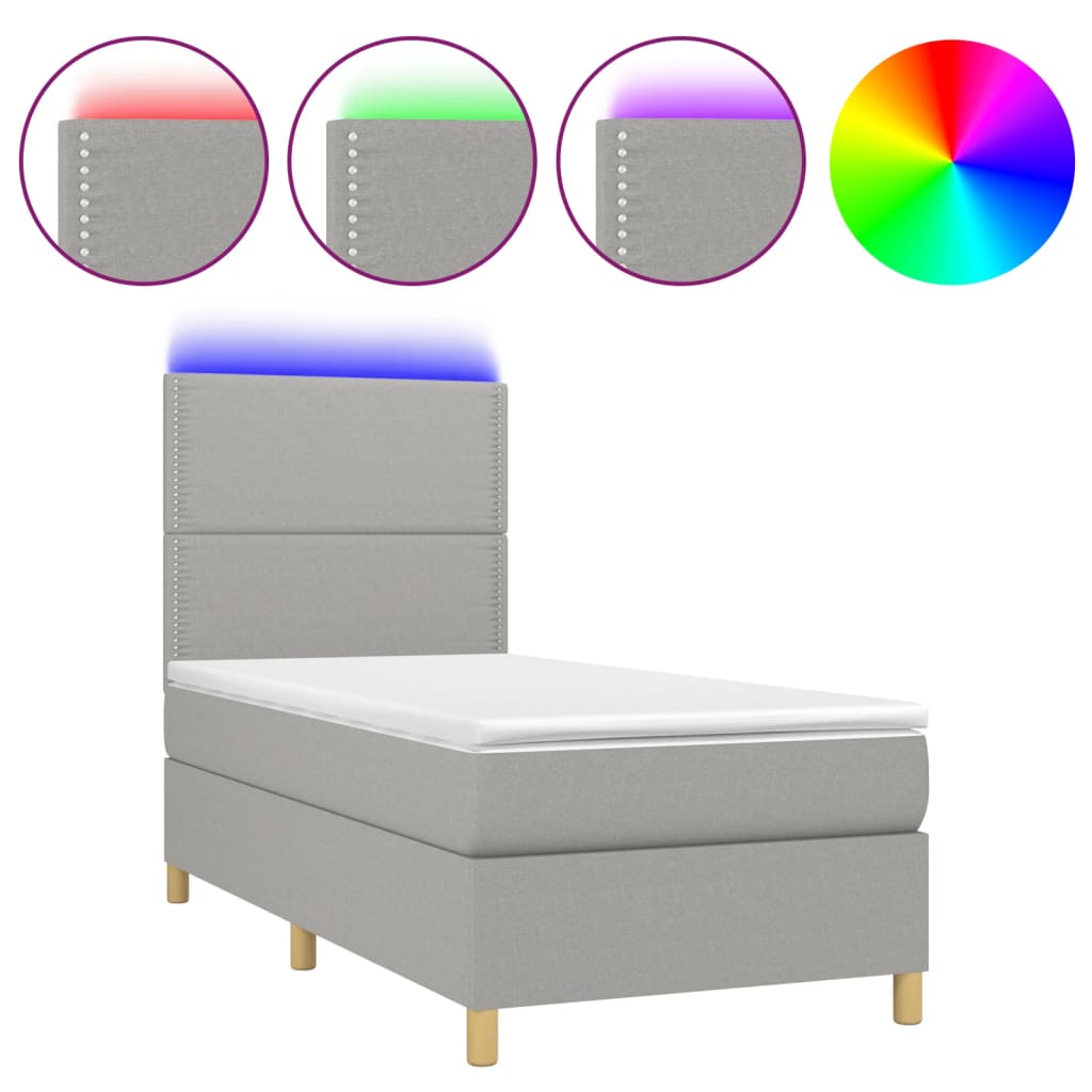 világosszürke szövet rugós és LED-es ágy matraccal 100x200 cm