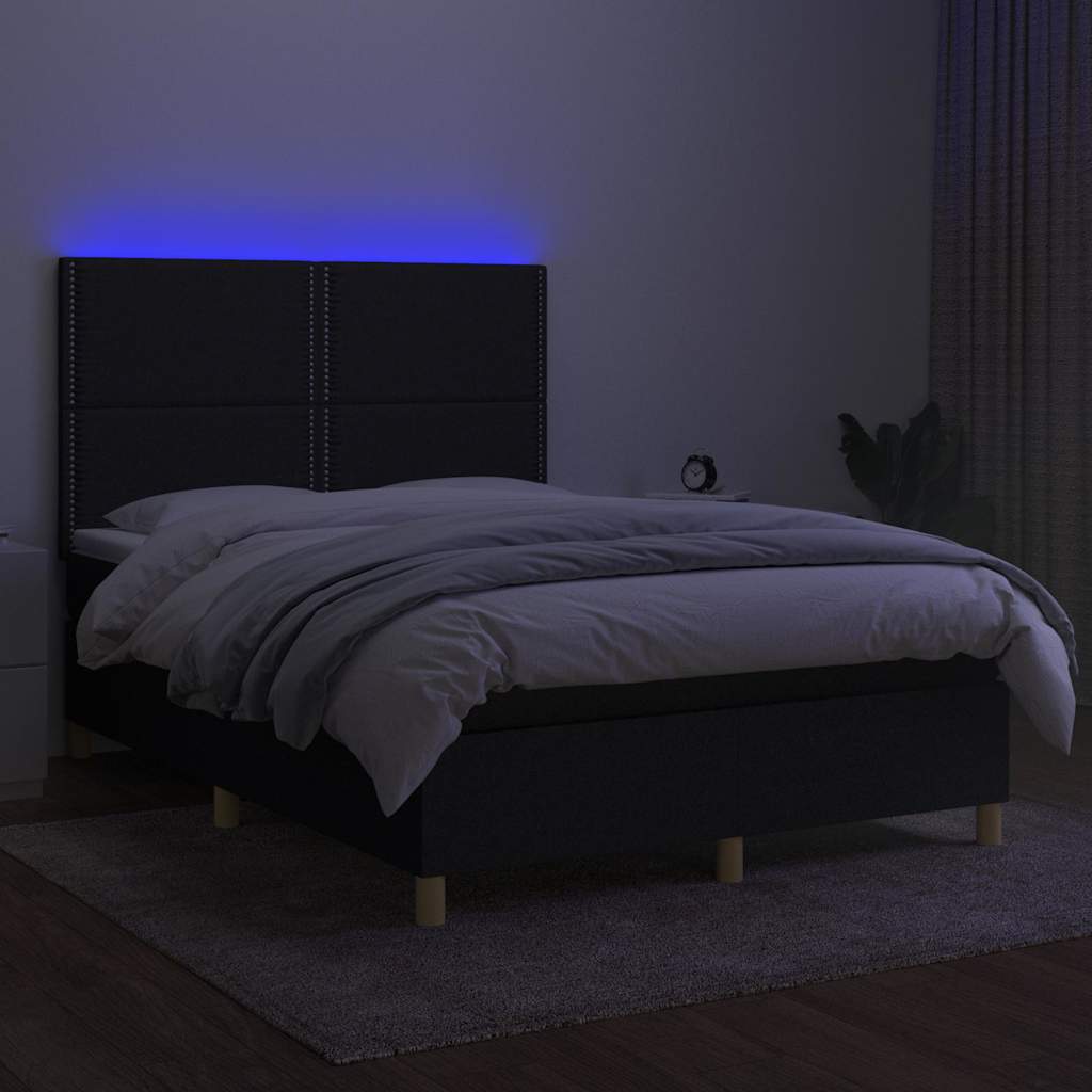 fekete szövet rugós és LED-es ágy matraccal 140x200 cm
