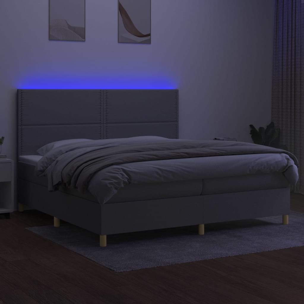 világosszürke szövet rugós és LED-es ágy matraccal 200x200 cm