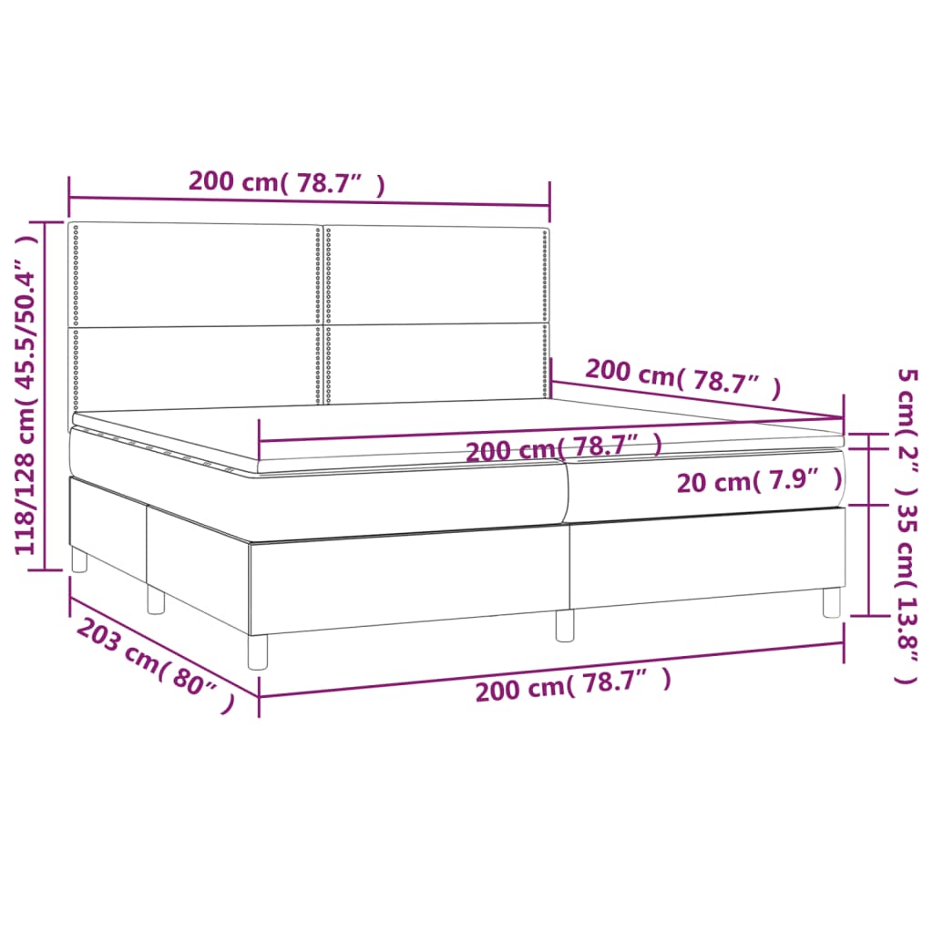 világosszürke szövet rugós és LED-es ágy matraccal 200x200 cm