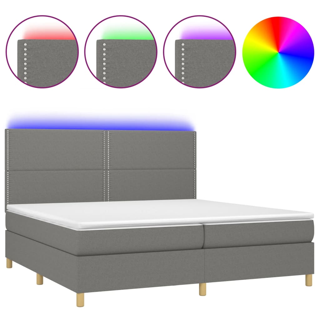 sötétszürke szövet rugós és LED-es ágy matraccal 200x200 cm
