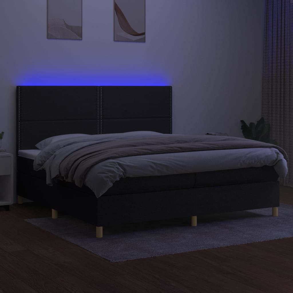 fekete szövet rugós és LED-es ágy matraccal 200x200 cm