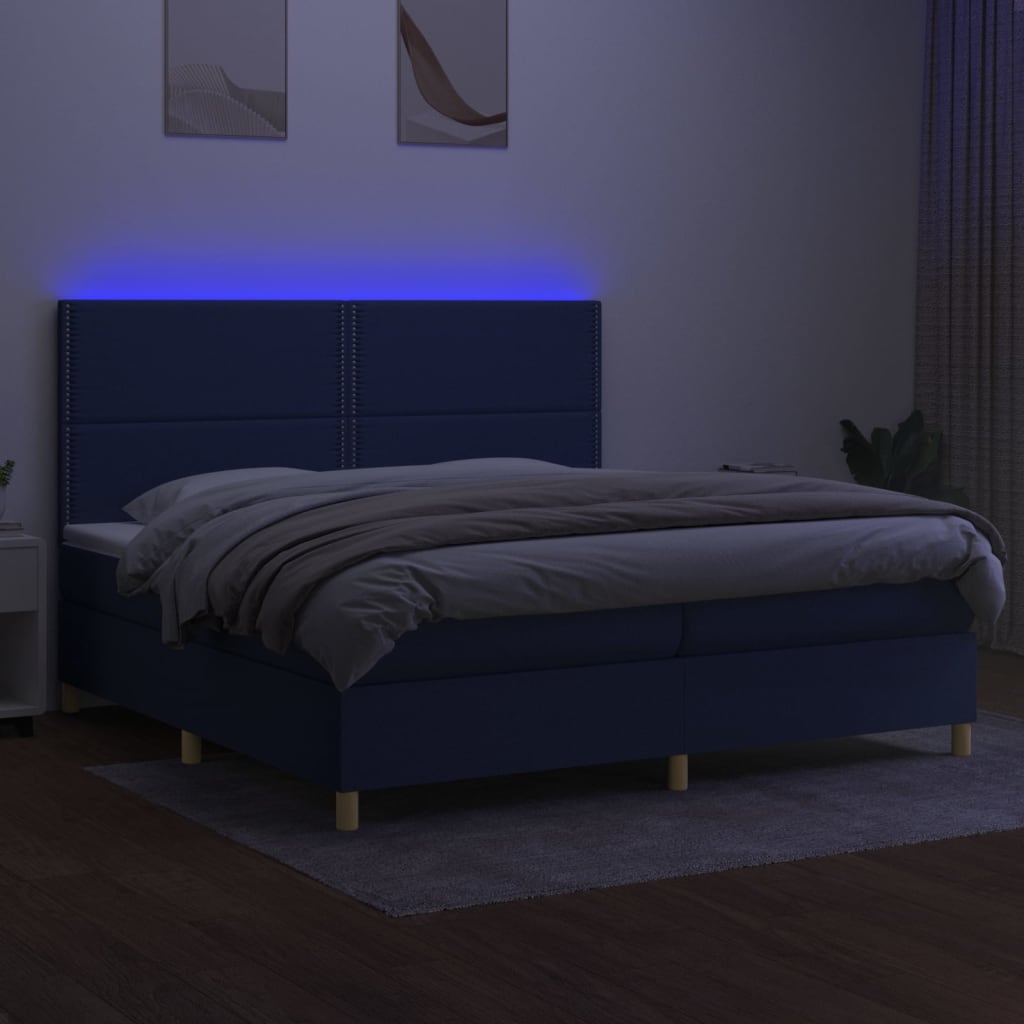 kék szövet rugós és LED-es ágy matraccal 200 x 200 cm