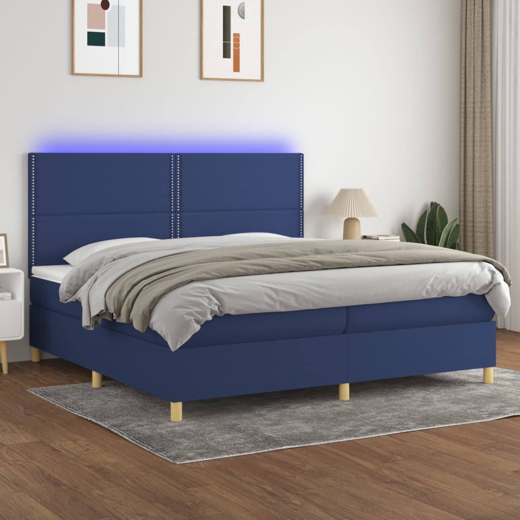 kék szövet rugós és LED-es ágy matraccal 200 x 200 cm