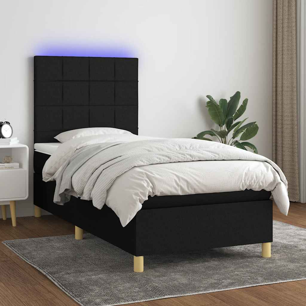 fekete szövet rugós és LED-es ágy matraccal 90x190 cm