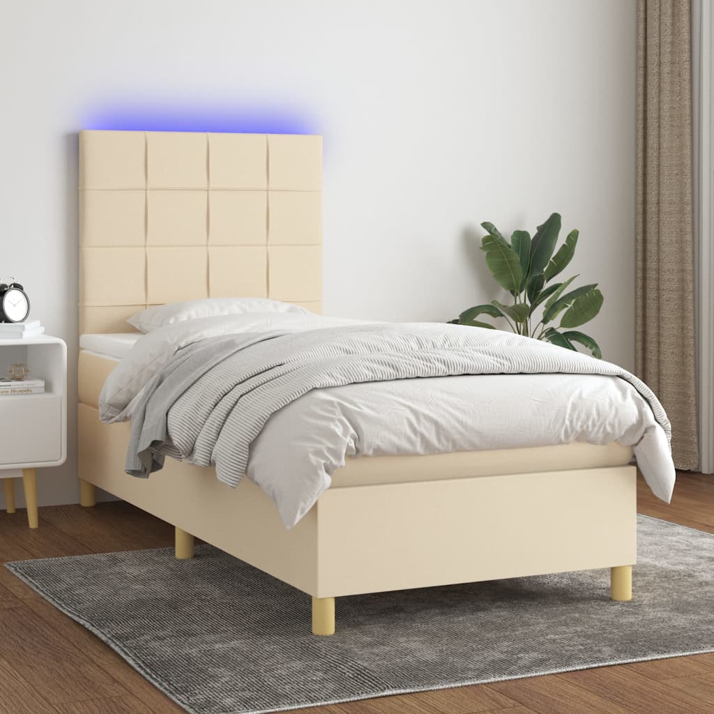 krémszínű szövet rugós és LED-es ágy matraccal 90x190 cm