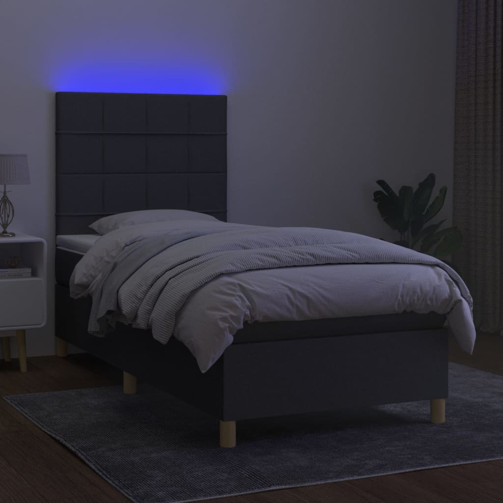 sötétszürke szövet rugós és LED-es ágy matraccal 100x200 cm