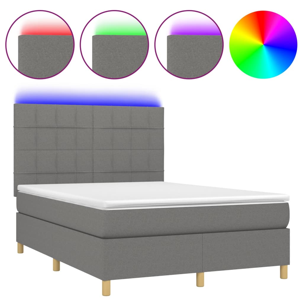 sötétszürke szövet rugós és LED-es ágy matraccal 140x190 cm