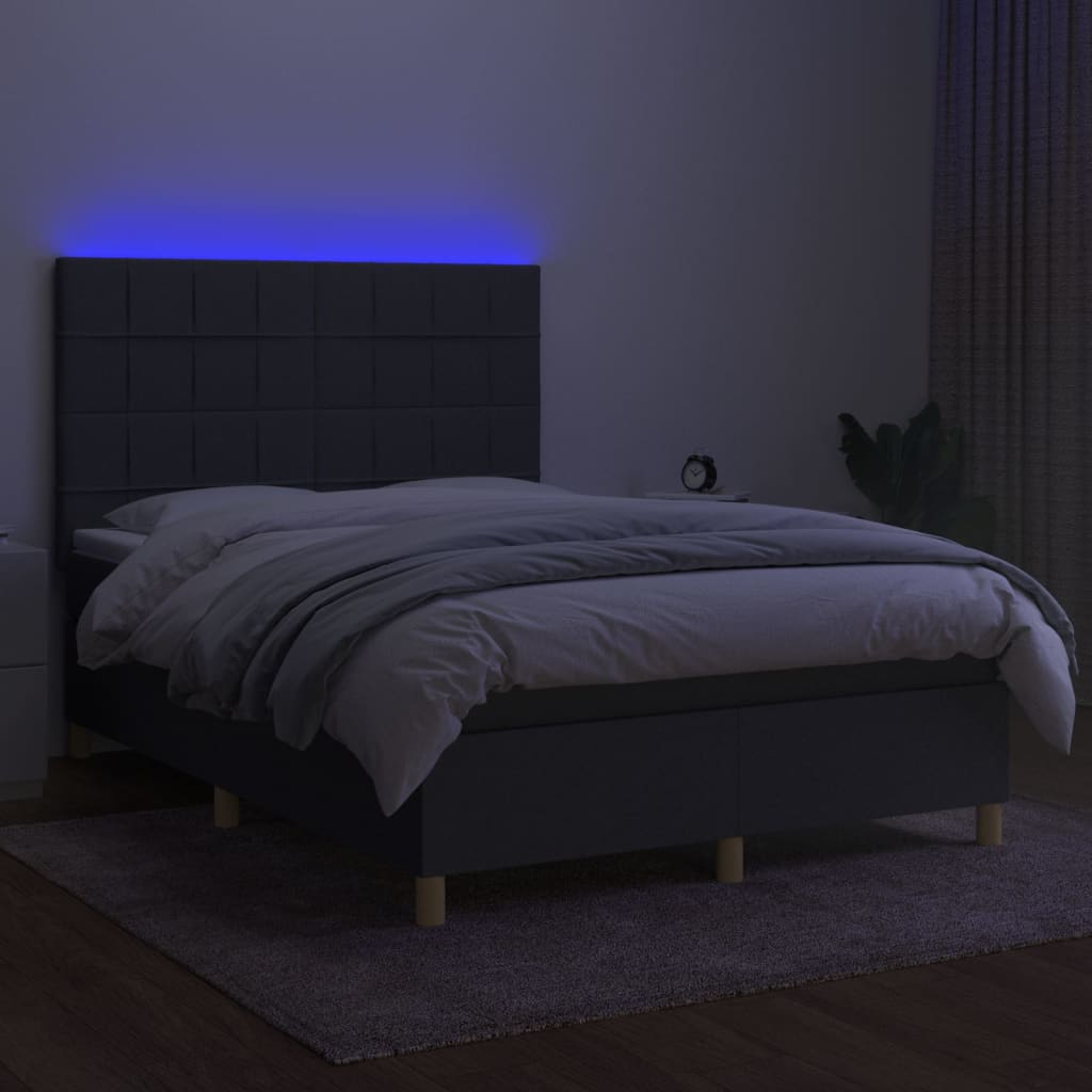 sötétszürke szövet rugós és LED-es ágy matraccal 140x200 cm