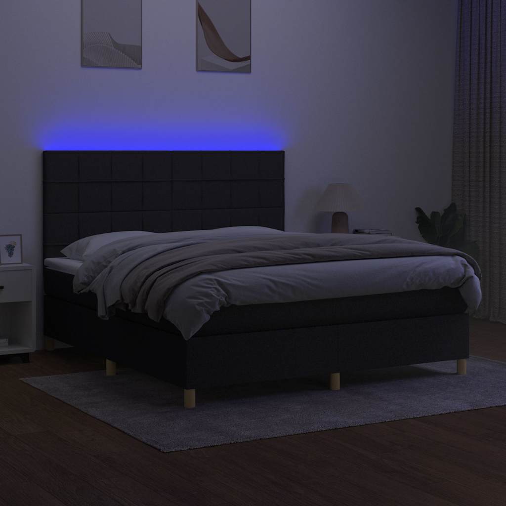 fekete szövet rugós és LED-es ágy matraccal 180 x 200 cm