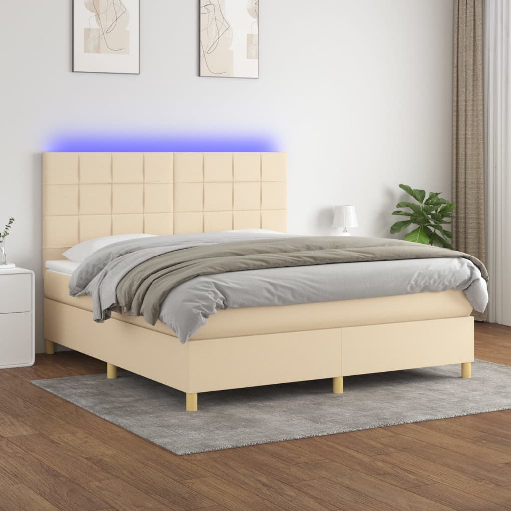 krémszínű szövet rugós és LED-es ágy matraccal 180 x 200 cm