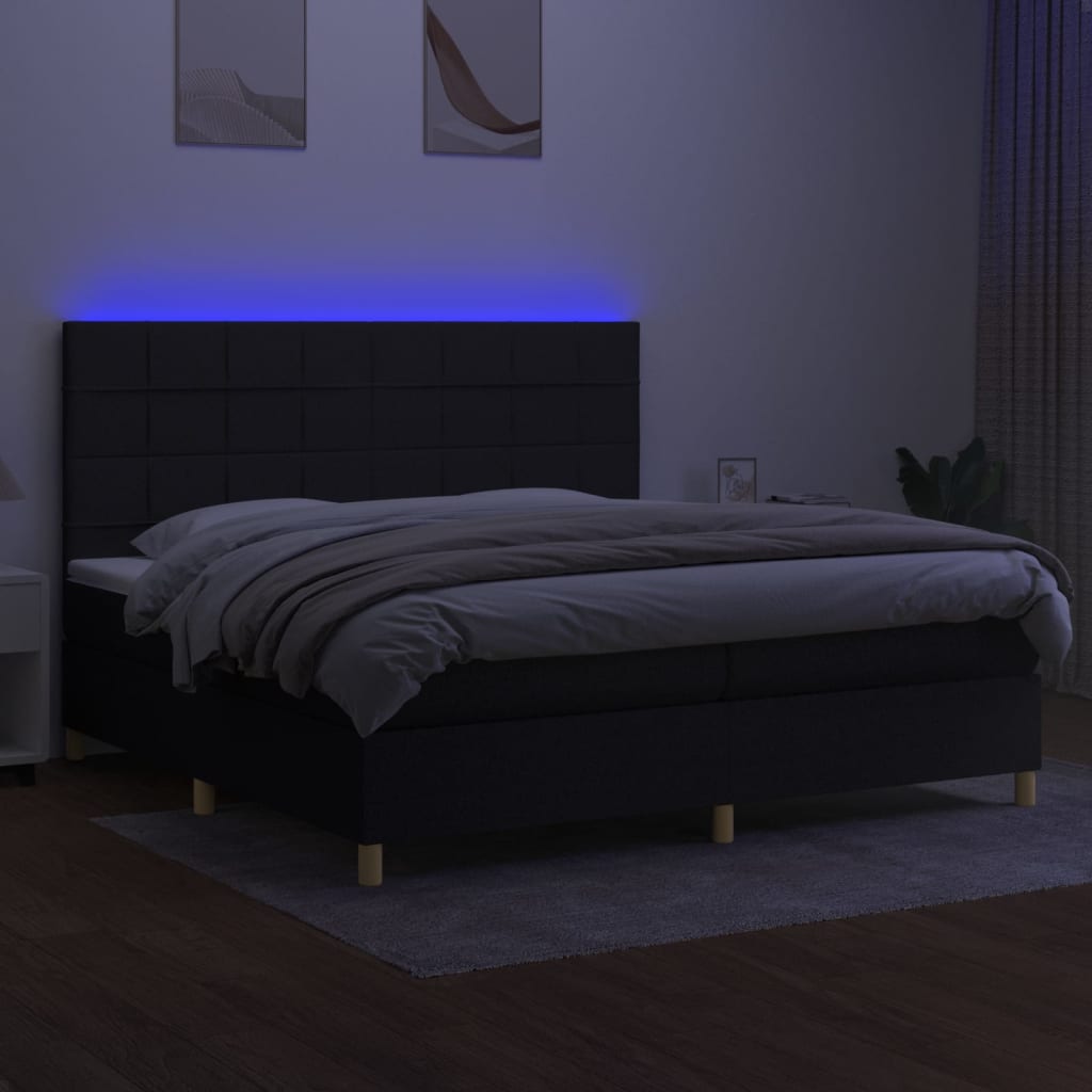 fekete szövet rugós és LED-es ágy matraccal 200x200 cm