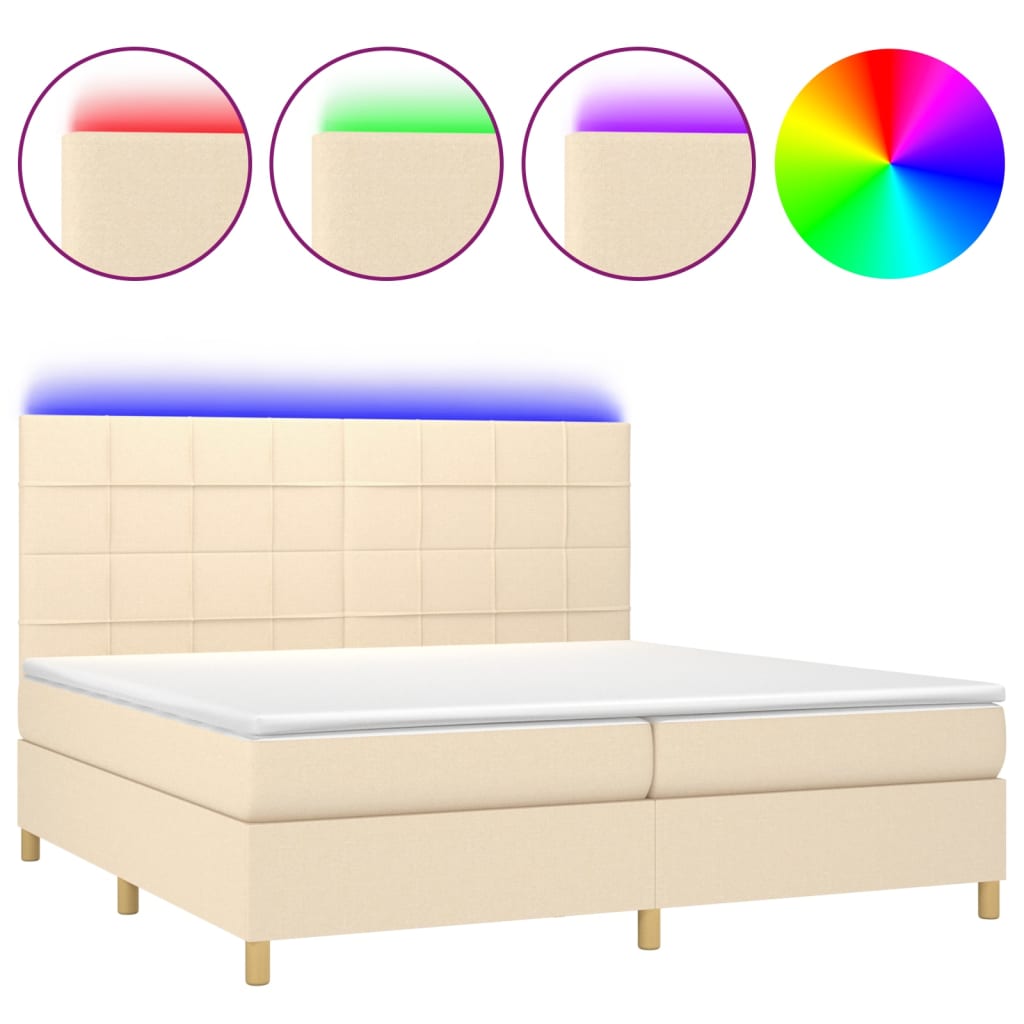 krémszínű szövet rugós és LED-es ágy matraccal 200 x 200 cm