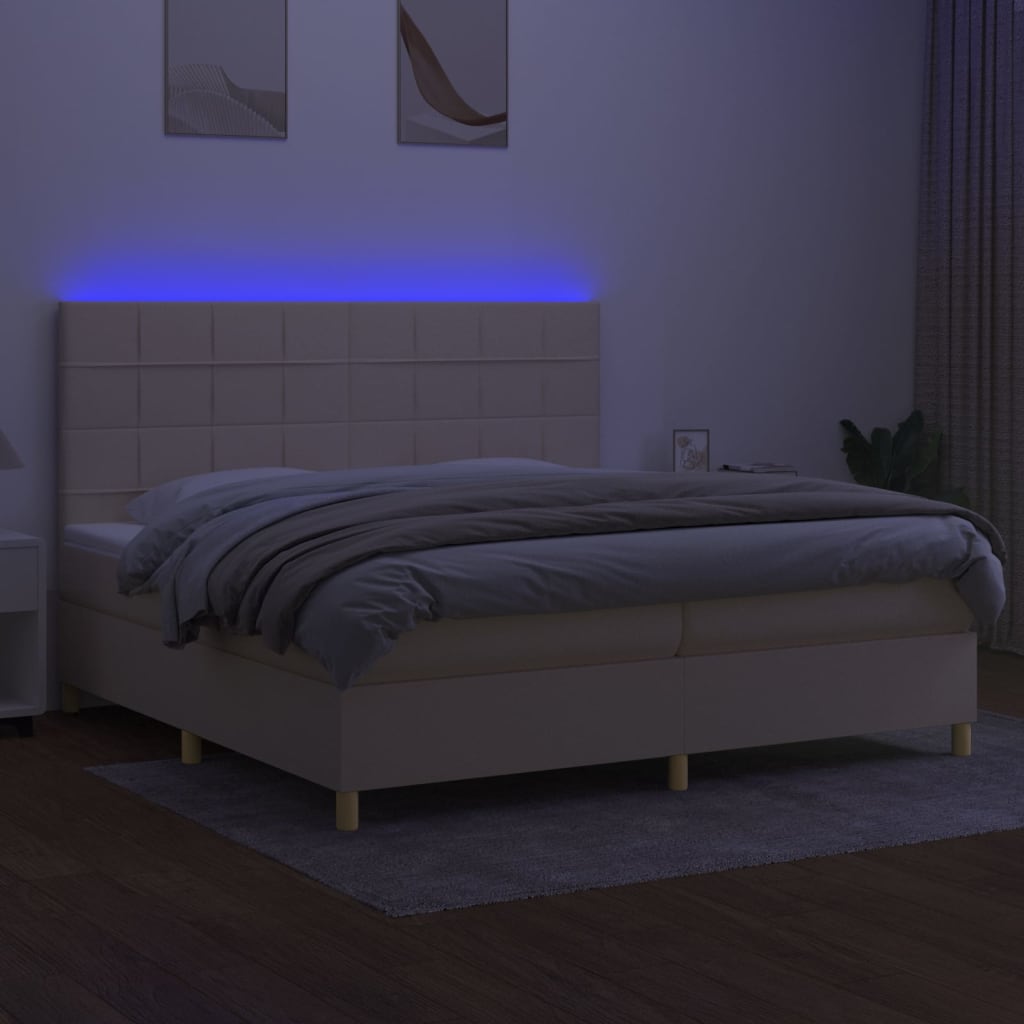 krémszínű szövet rugós és LED-es ágy matraccal 200 x 200 cm