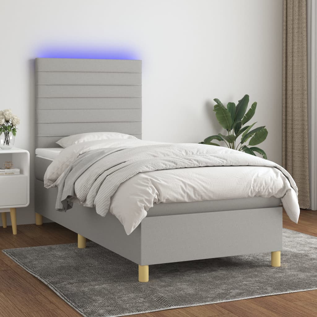 világosszürke szövet rugós és LED-es ágy matraccal 80 x 200 cm