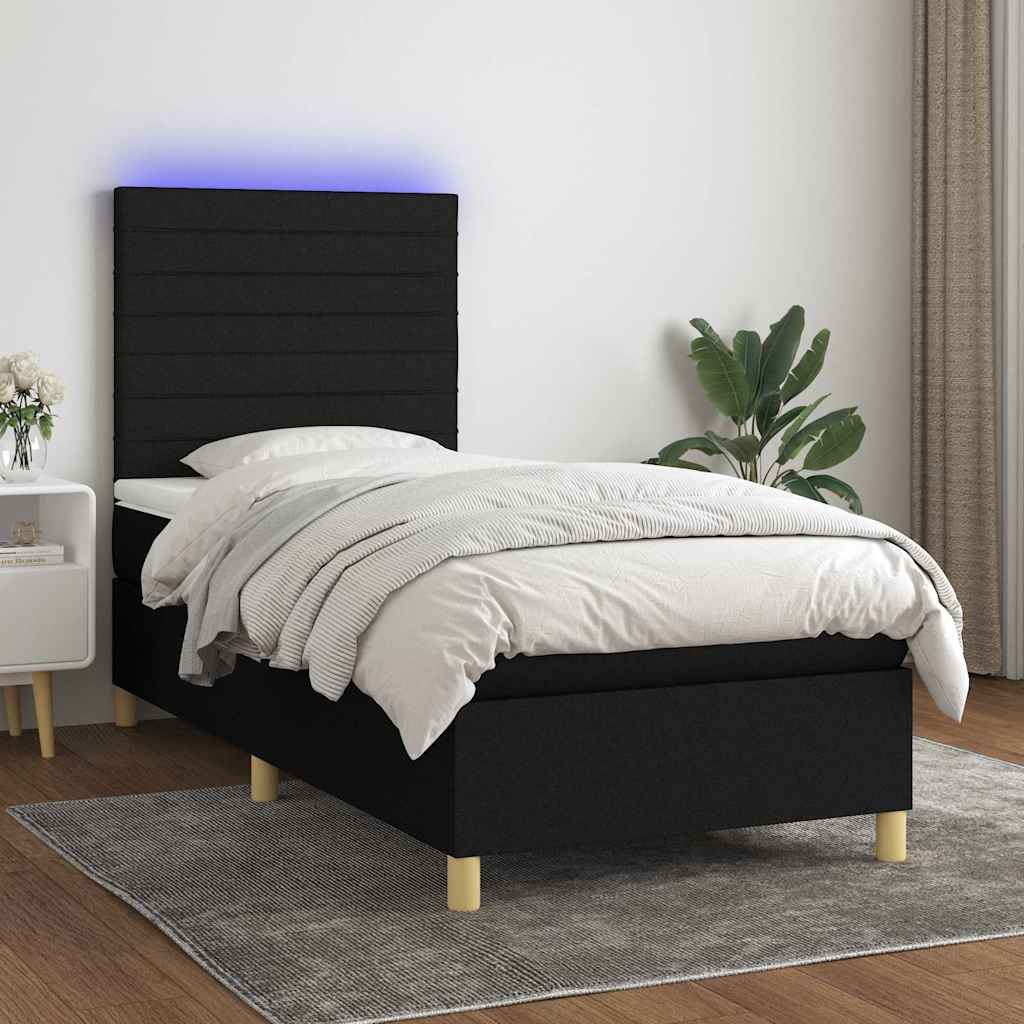 fekete szövet rugós és LED-es ágy matraccal 80 x 200 cm