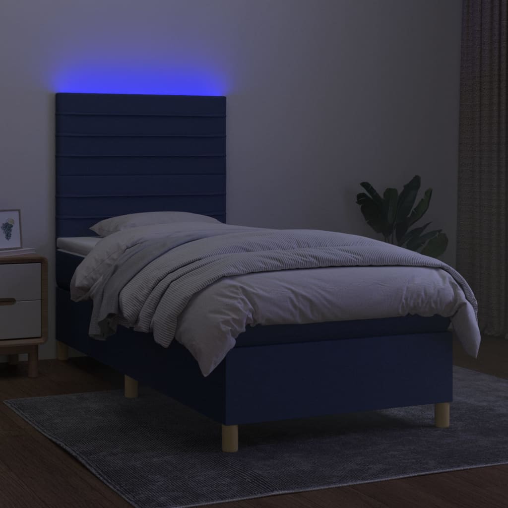 kék szövet rugós és LED-es ágy matraccal 80 x 200 cm