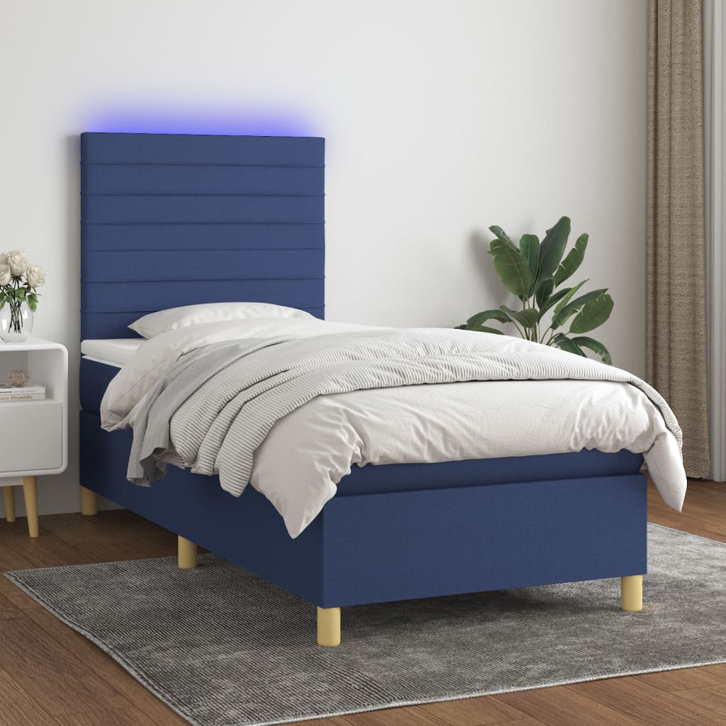 kék szövet rugós és LED-es ágy matraccal 80 x 200 cm