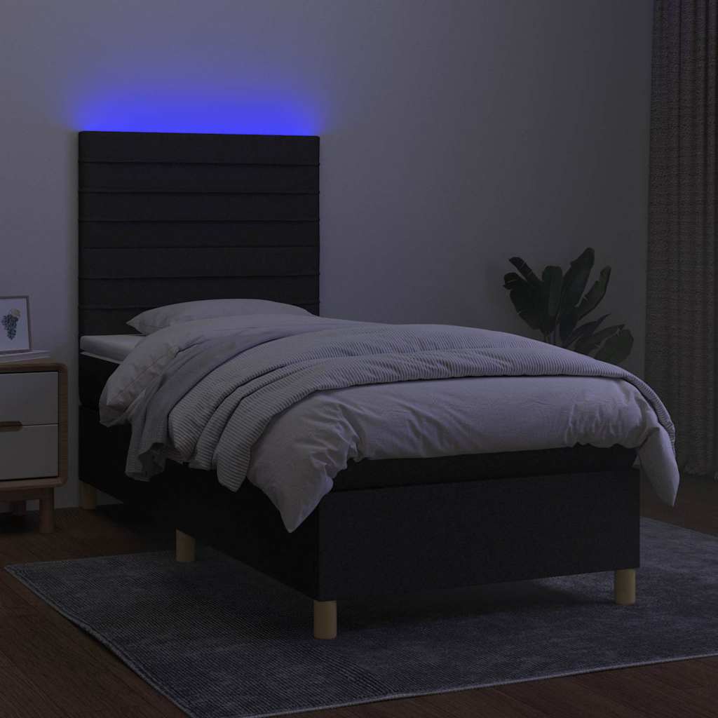 fekete szövet rugós és LED-es ágy matraccal 90x190 cm