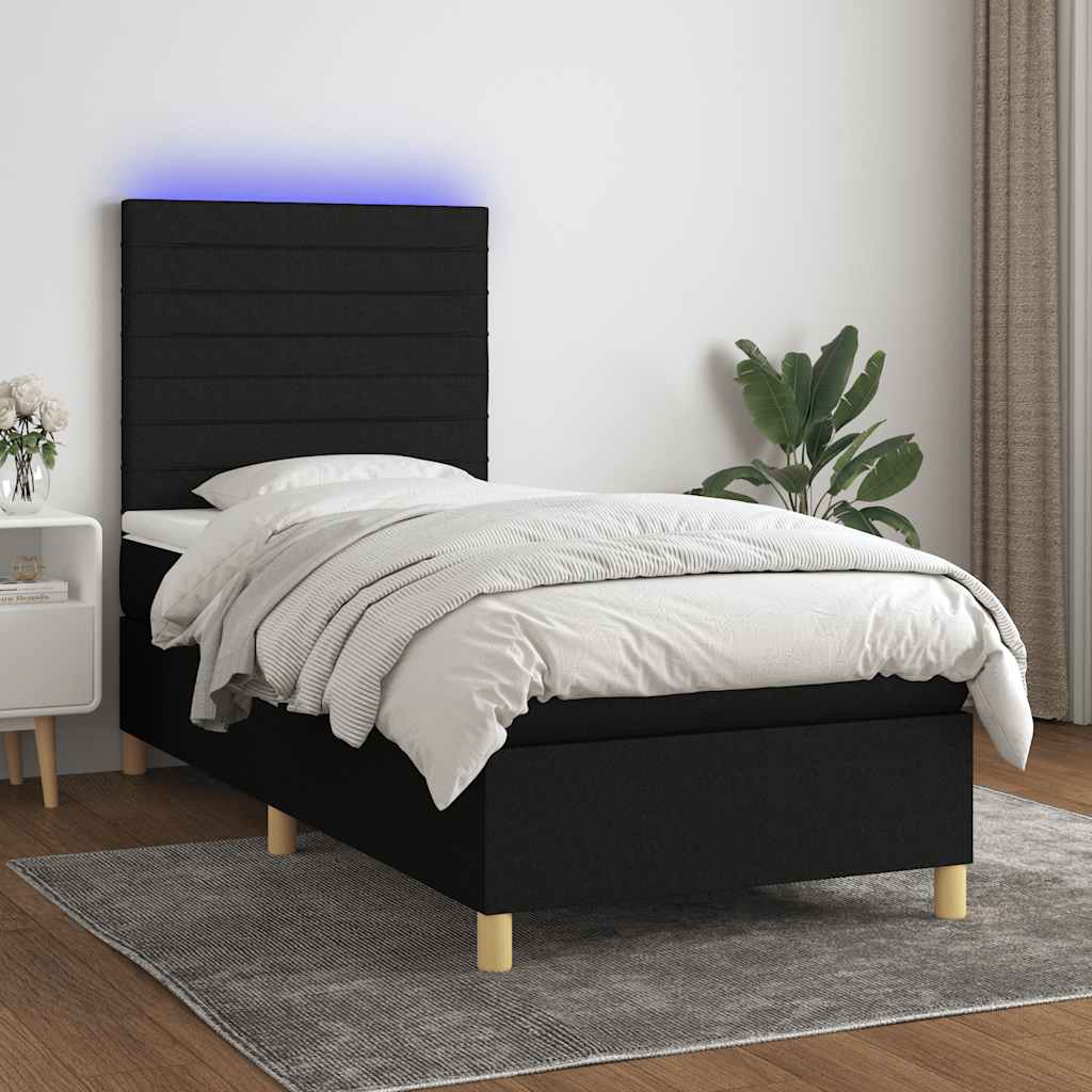 fekete szövet rugós és LED-es ágy matraccal 90x190 cm