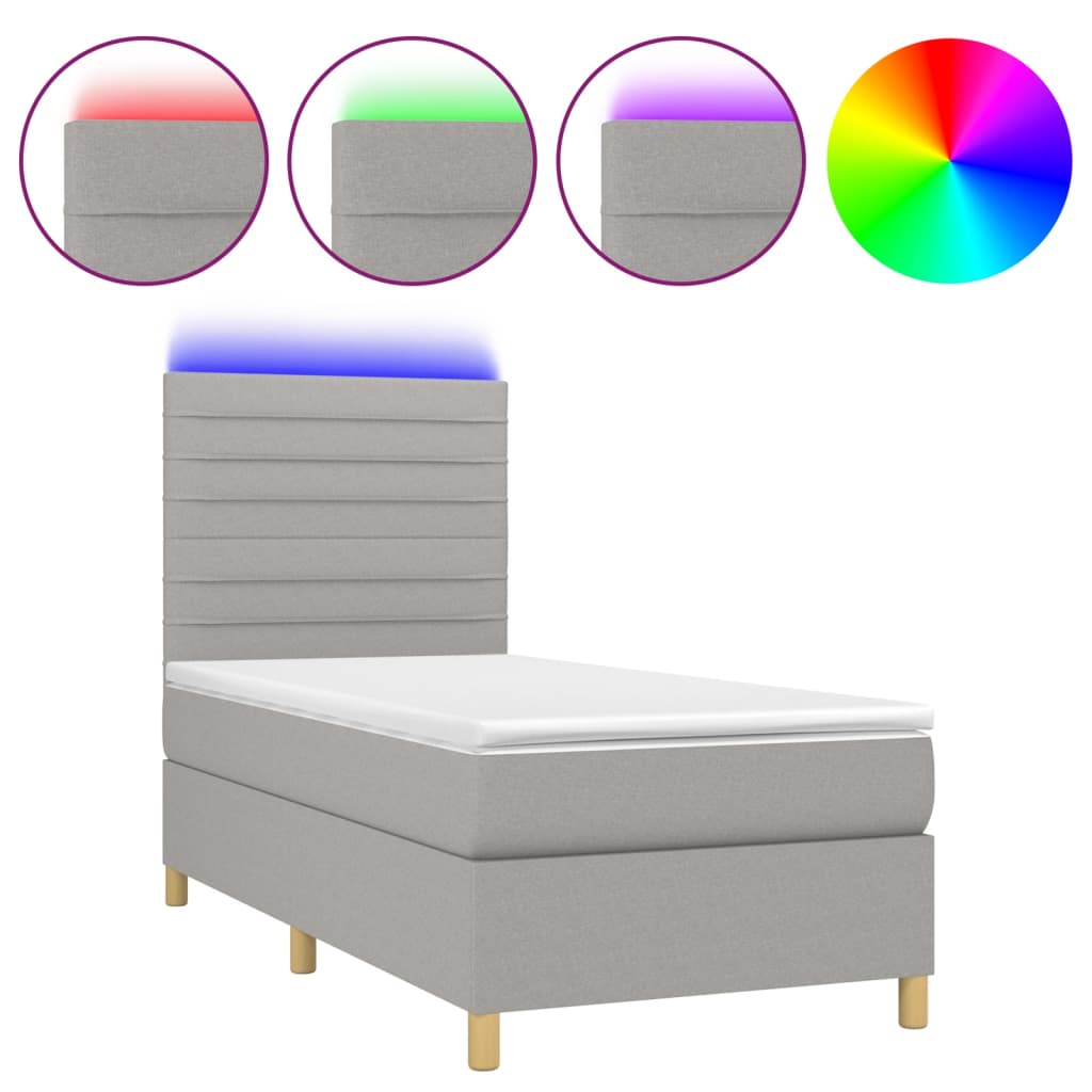 világosszürke szövet rugós és LED-es ágy matraccal 90x200 cm