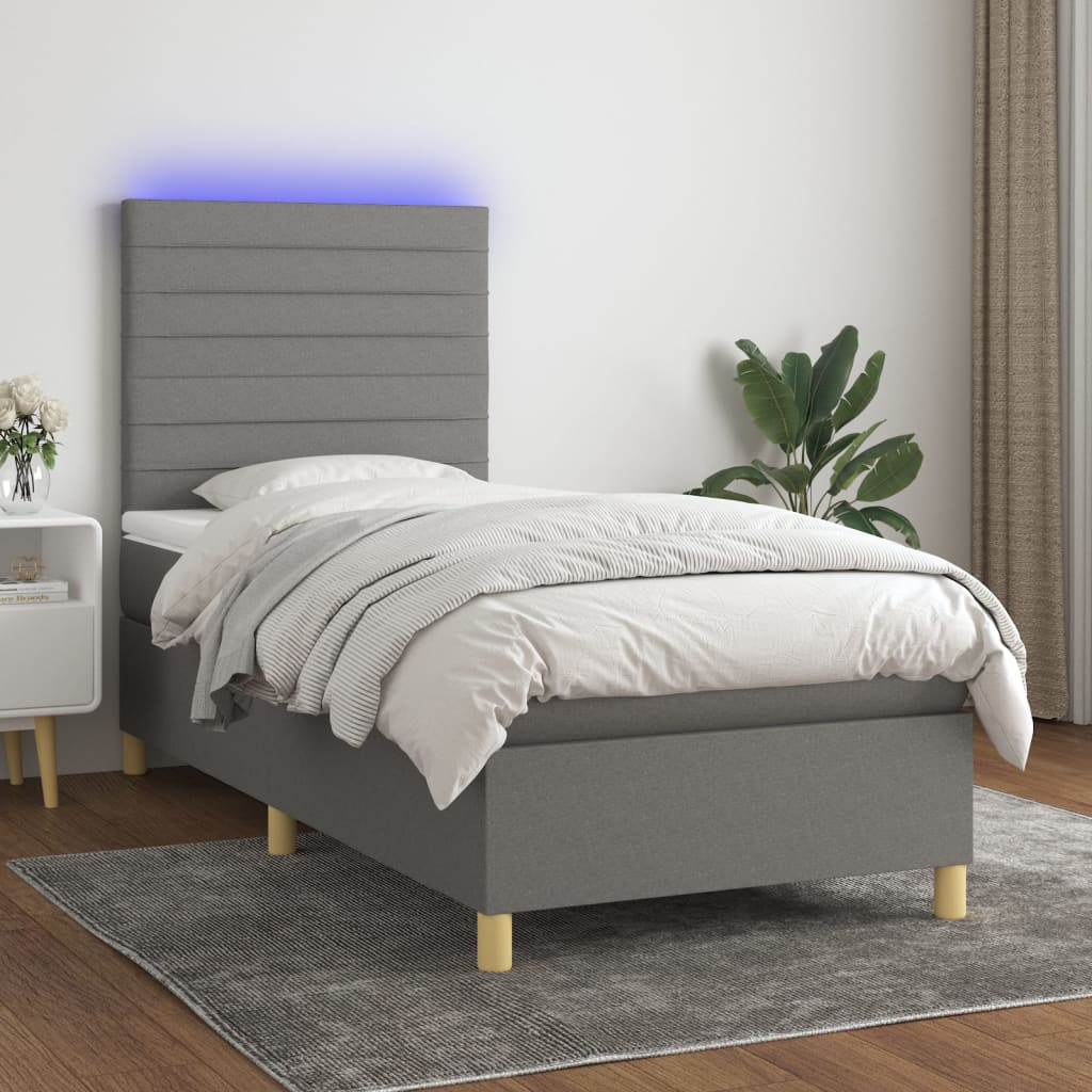 sötétszürke szövet rugós és LED-es ágy matraccal 90x200 cm