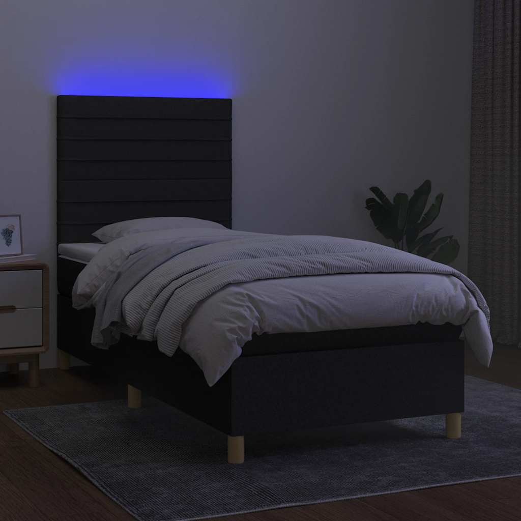 fekete szövet rugós és LED-es ágy matraccal 90x200 cm