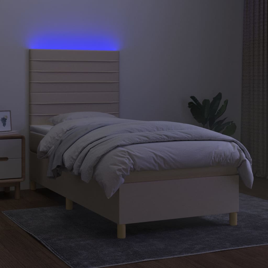krémszínű szövet rugós és LED-es ágy matraccal 90x200 cm